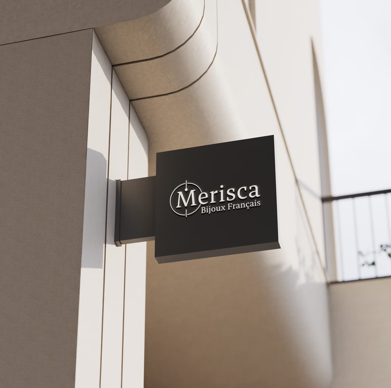 Merisca jewelry logo displayed on an exterior boutique sign