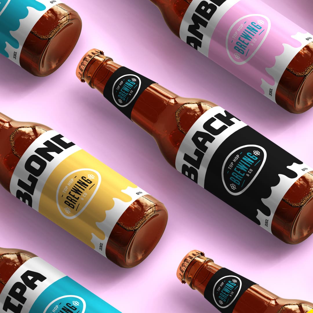 Top Hop Brewing beer bottle label designs in multiple colors