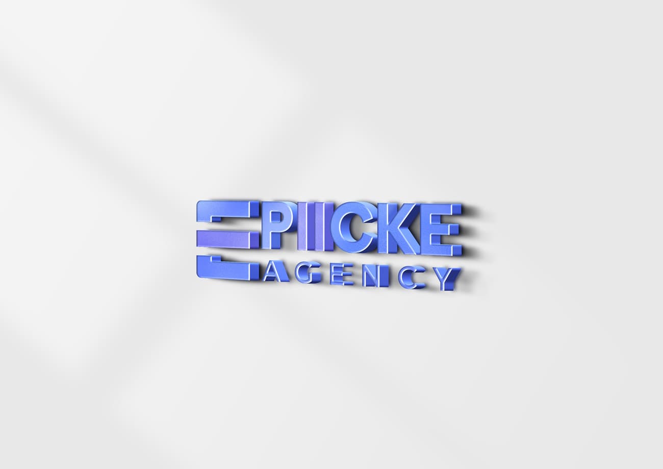 Epicke Agency blue 3D logo mockup on a clean white wall