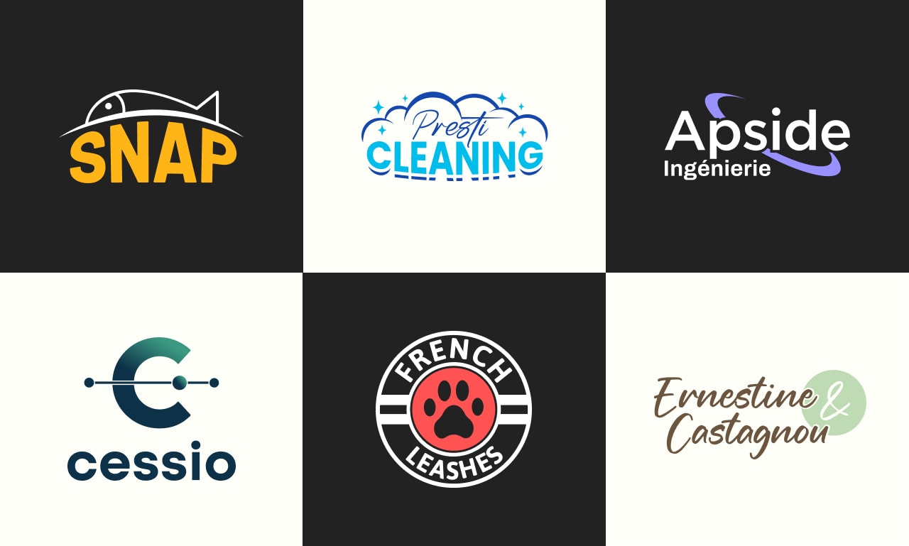 Logo design portfolio grid for Snap, Presti Cleaning, Apside, Cessio, French Leashes and Ernestine Castagnou Logo design portfolio grid for Snap, Presti Cleaning, Apside, Cessio, French Leashes and Ernestine Castagnou